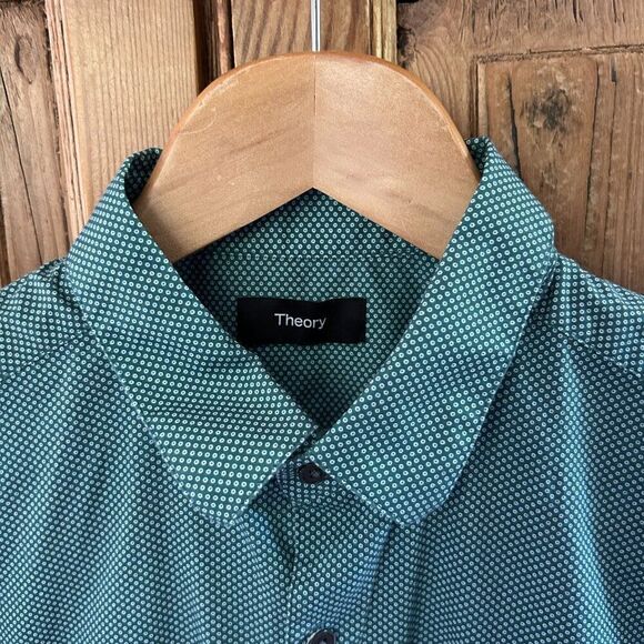 Men's Theory Small Zack Button Up Green White Dots Button Collar Short Sleeve - Picture 4 of 11